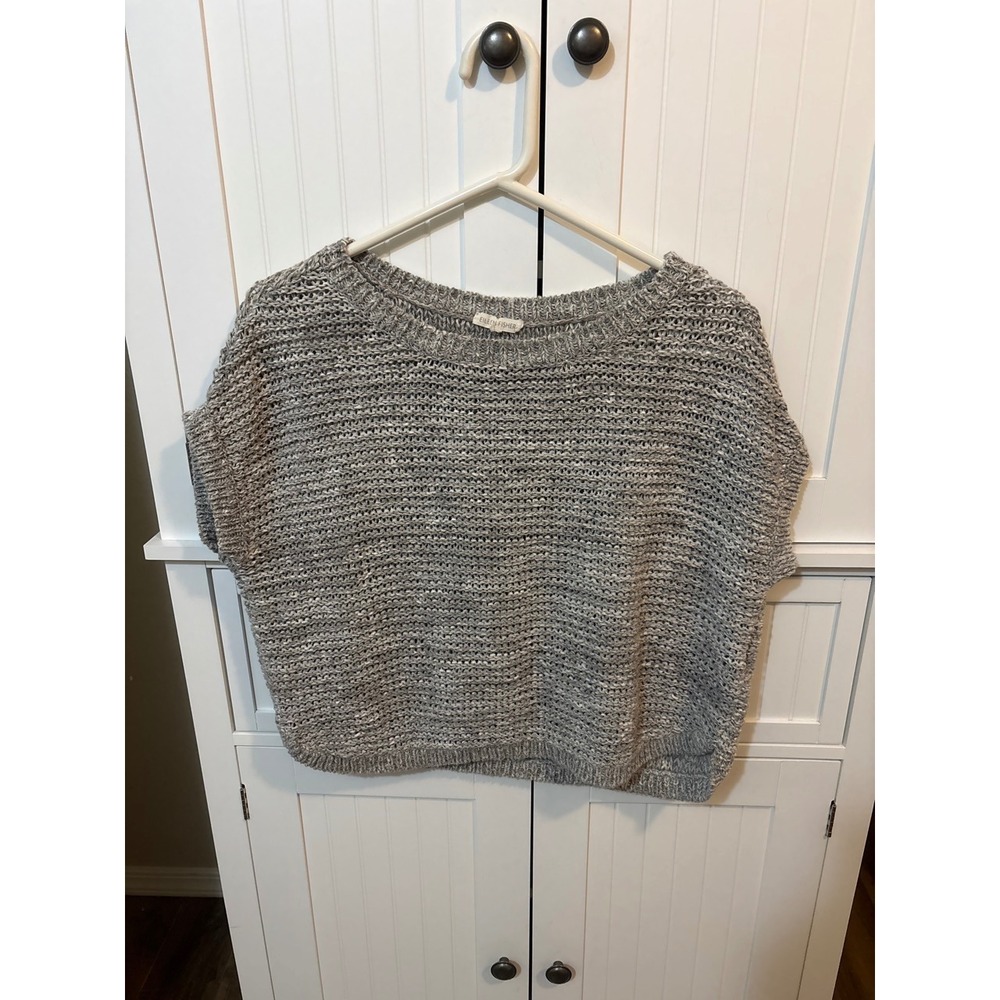 Lagenlook Eileen Fisher Grey Textured Open Knit Short Sleeve Boxy Sweater Top